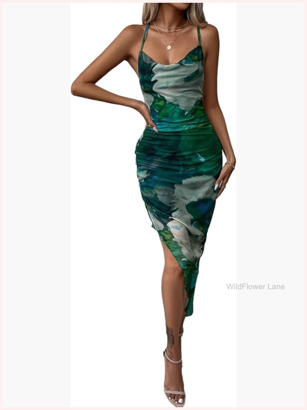 Wildflowers Teal and Emerald Watercolor Asymmetrical Slip Dress